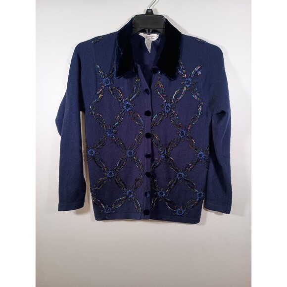 Vintage Talbots Beaded Indigo Purple Wool Blend Velvet Cardigan Size Small - Picture 1 of 10